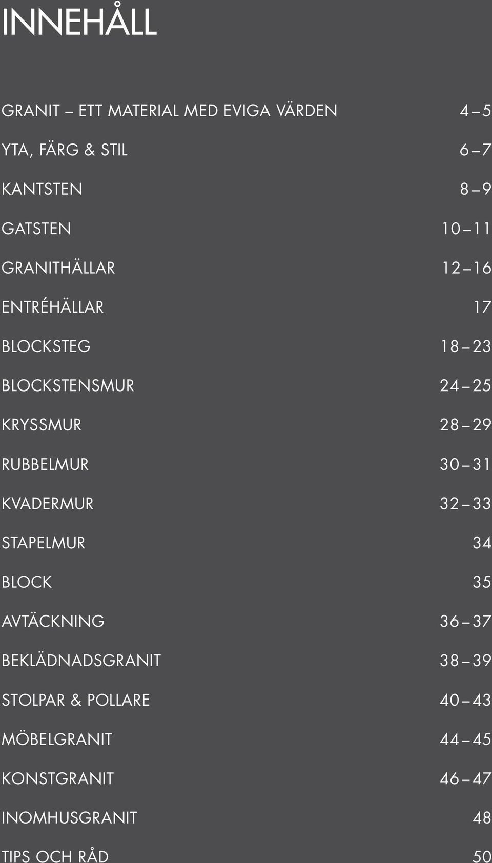 Rubbelmur 30 31 Kvadermur 32 33 StapeLmur 34 BLOCK 35 Avtäckning 36 37 Beklädnadsgranit 38