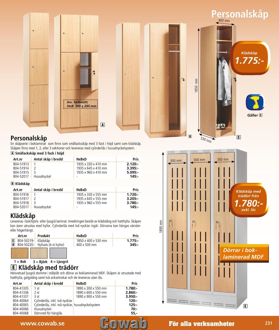 120:- 804-51914 2 1935 x 645 x 410 mm 3.395:- 804-51915 3 1935 x 960 x 410 mm 5.095:- 804-52017 Huvudnyckel - 145:- B Art.nr Antal skåp HxBxD Pris 804-51916 1 1935 x 330 x 555 mm 1.