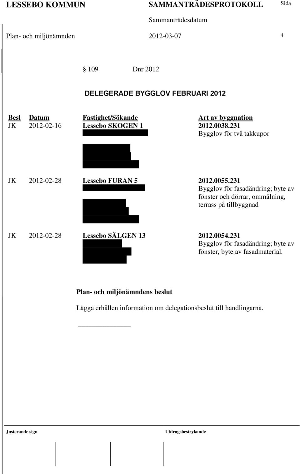 Petersson Fiskaregatan 2A 360 51 Hovmantorp JK 2012-02-28 Lessebo SÄLGEN 13 Bo Sommesjö Lidholmsvägen 5 360 50 Lessebo 2012.0055.