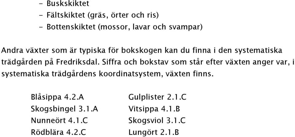 Siffra och bokstav som står efter växten anger var, i systematiska trädgårdens koordinatsystem, växten