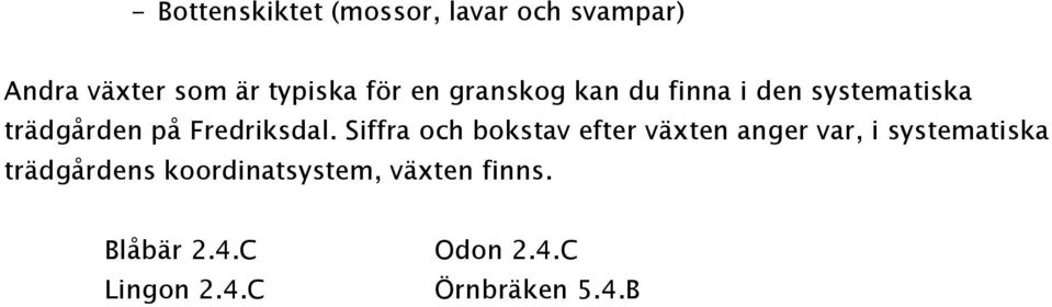 Siffra och bokstav efter växten anger var, i systematiska trädgårdens