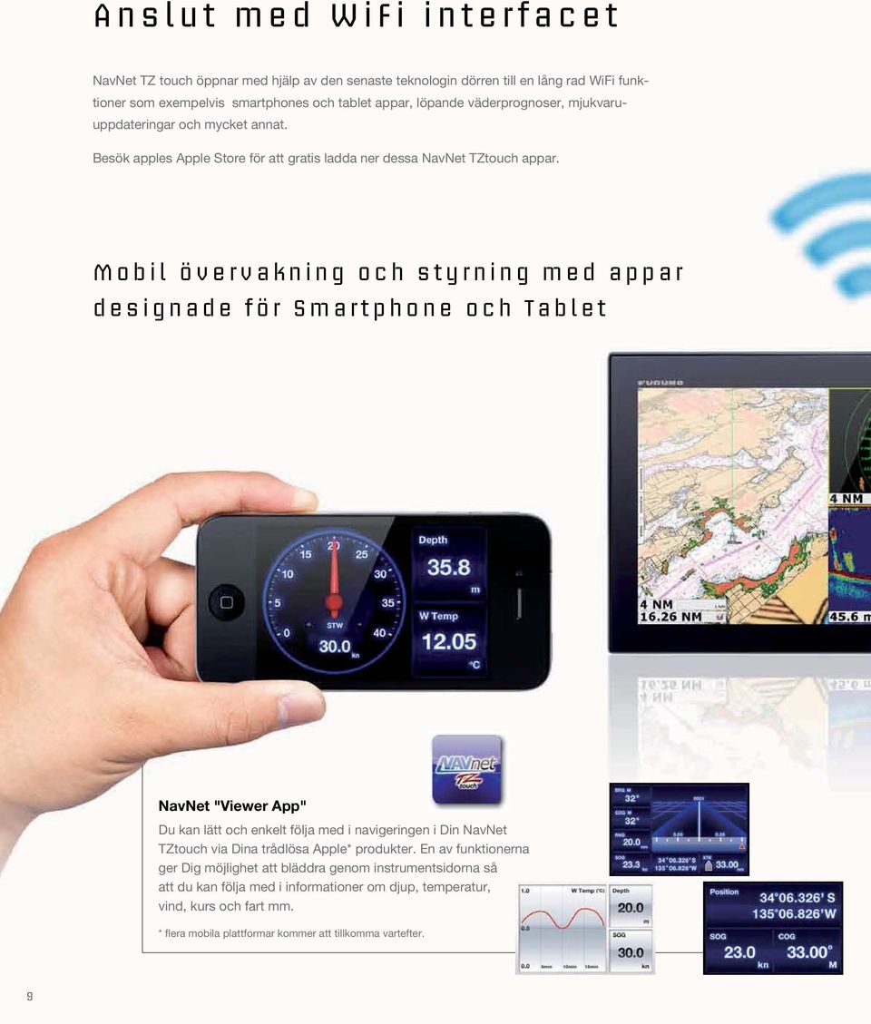 Mobil övervakning och styrning med appar designade för Smartphone och Tablet NavNet "Viewer App" Du kan lätt och enkelt följa med i navigeringen i Din NavNet TZtouch via Dina trådlösa