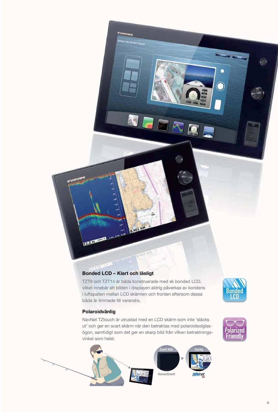 Polaroidvänlig NavNet TZtouch är utrustad med en LCD skärm som inte släcks ut och ger en svart skärm när den betraktas med