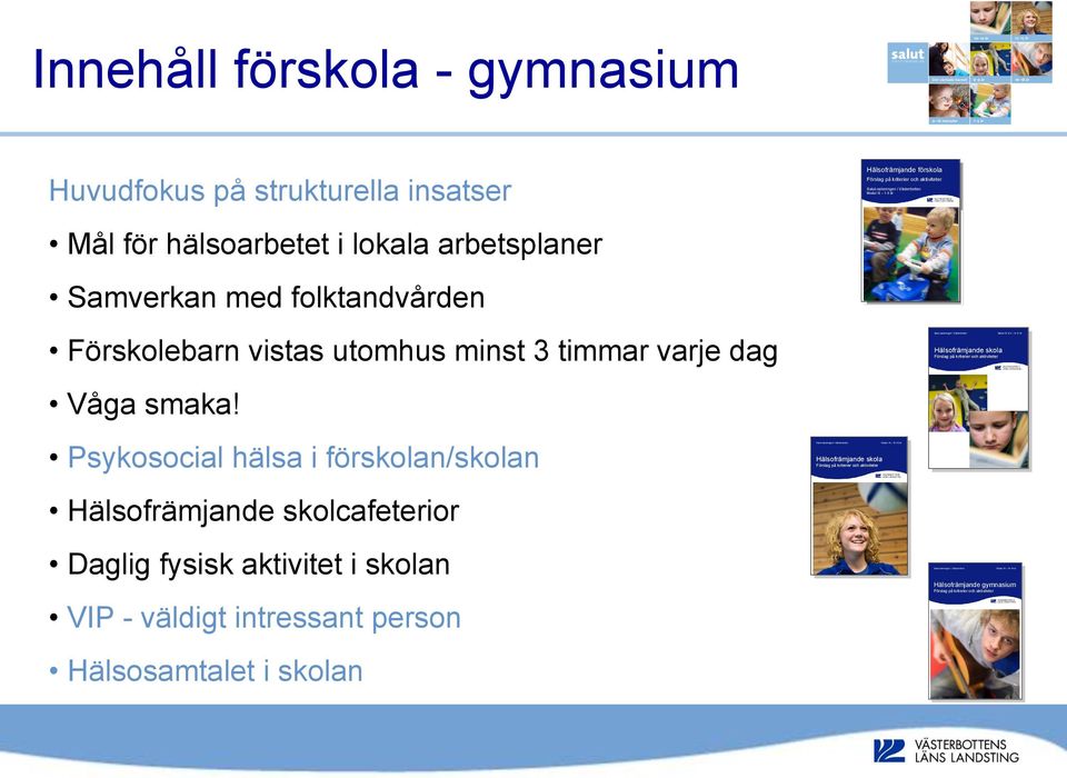 III 1-5 år i Västerbotten Modul III 1-5 år Mål för hälsoarbetet i lokala arbetsplaner Samverkan med folktandvården Förskolebarn vistas utomhus minst 3 timmar varje dag Hälsofrämjande skola Förslag på