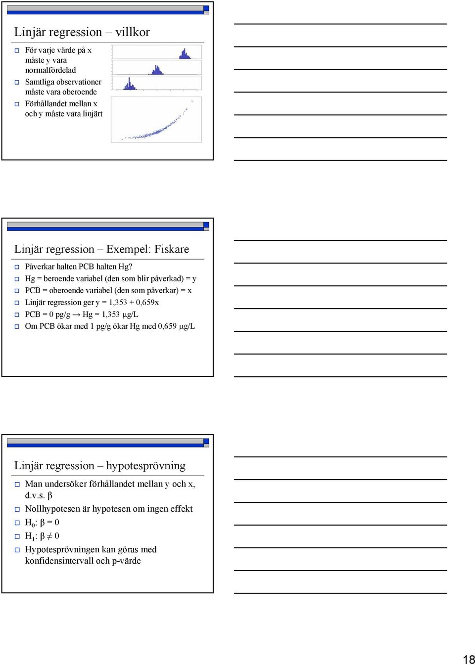 Hg = beroende variabel (den som blir påverkad) = y PCB = oberoende variabel (den som påverkar) = x Linjär regression ger y = 1,353 + 0,659x PCB = 0 pg/g Hg = 1,353
