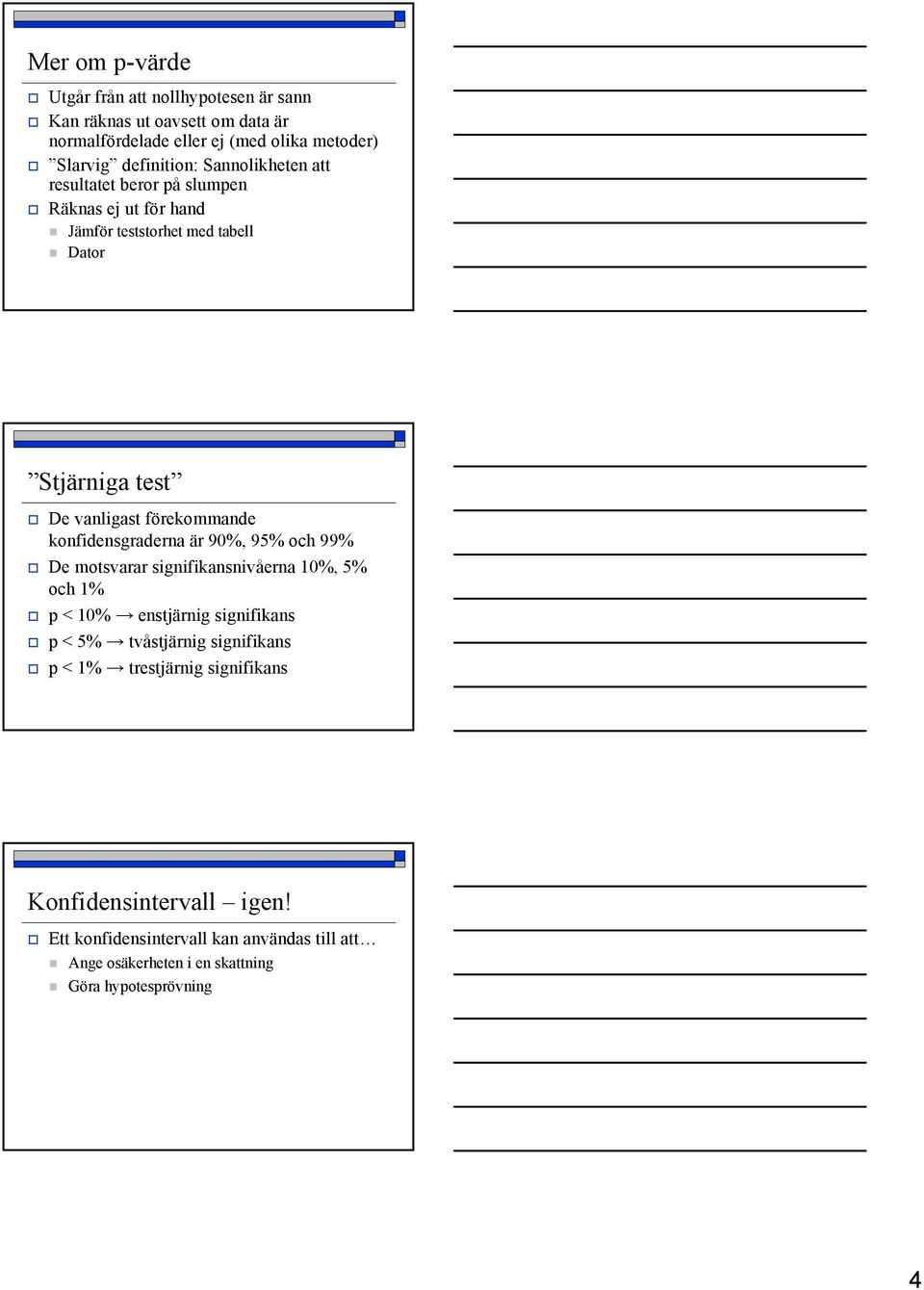 konfidensgraderna är 90%, 95% och 99% De motsvarar signifikansnivåerna 10%, 5% och 1% p < 10% enstjärnig signifikans p < 5% tvåstjärnig signifikans p