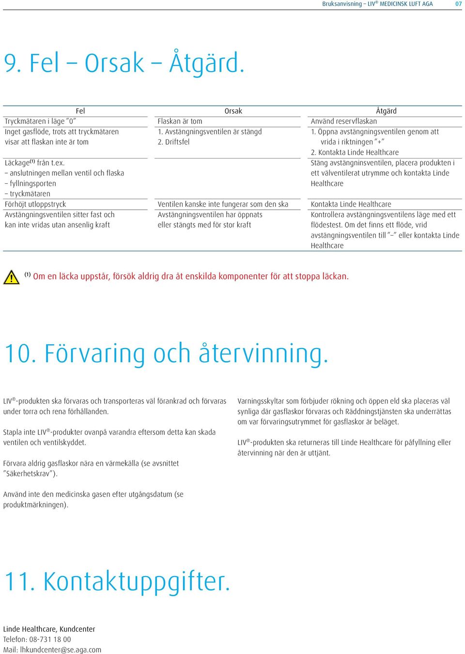 Öppna avstängningsventilen genom att vrida i riktningen + 2. Kontakta Linde Healthcare Läckage (1) från t.ex.