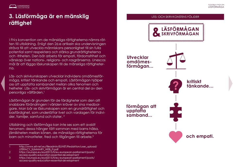 Den bör arbeta för empati, fördomsfrihet och vänskap över nations-, religions- och rasgränserna. Unescos mål är att lägga läskunskapen till de mänskliga rättigheterna. Utvecklar omdömesförmågan.