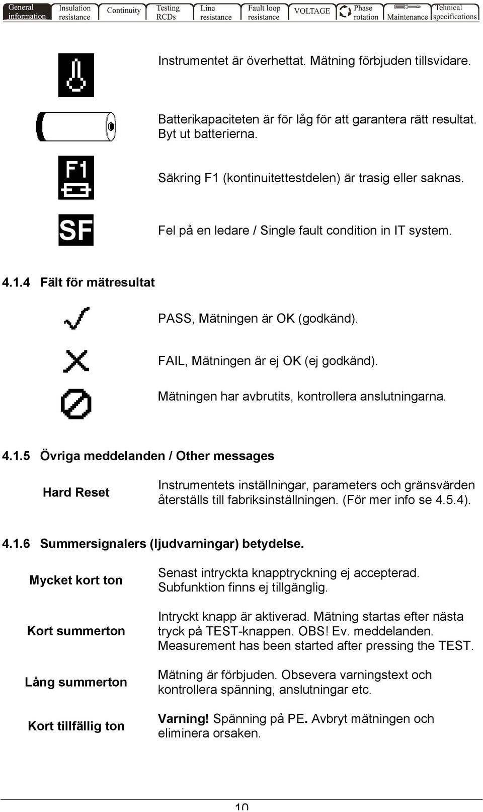 Mätningen har avbrutits, kontrollera anslutningarna. 4.1.5 Övriga meddelanden / Other messages Hard Reset Instrumentets inställningar, parameters och gränsvärden återställs till fabriksinställningen.