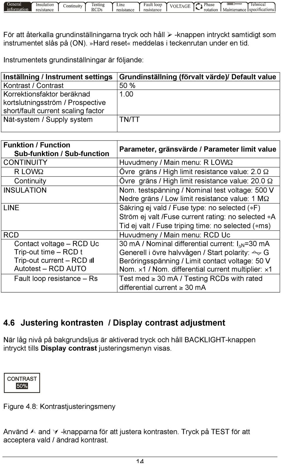 00 kortslutningsström / Prospective short/fault current scaling factor Nät-system / Supply system TN/TT Funktion / Function Sub-funktion / Sub-function CONTINUITY R LOWΩ Continuity INSULATION LINE