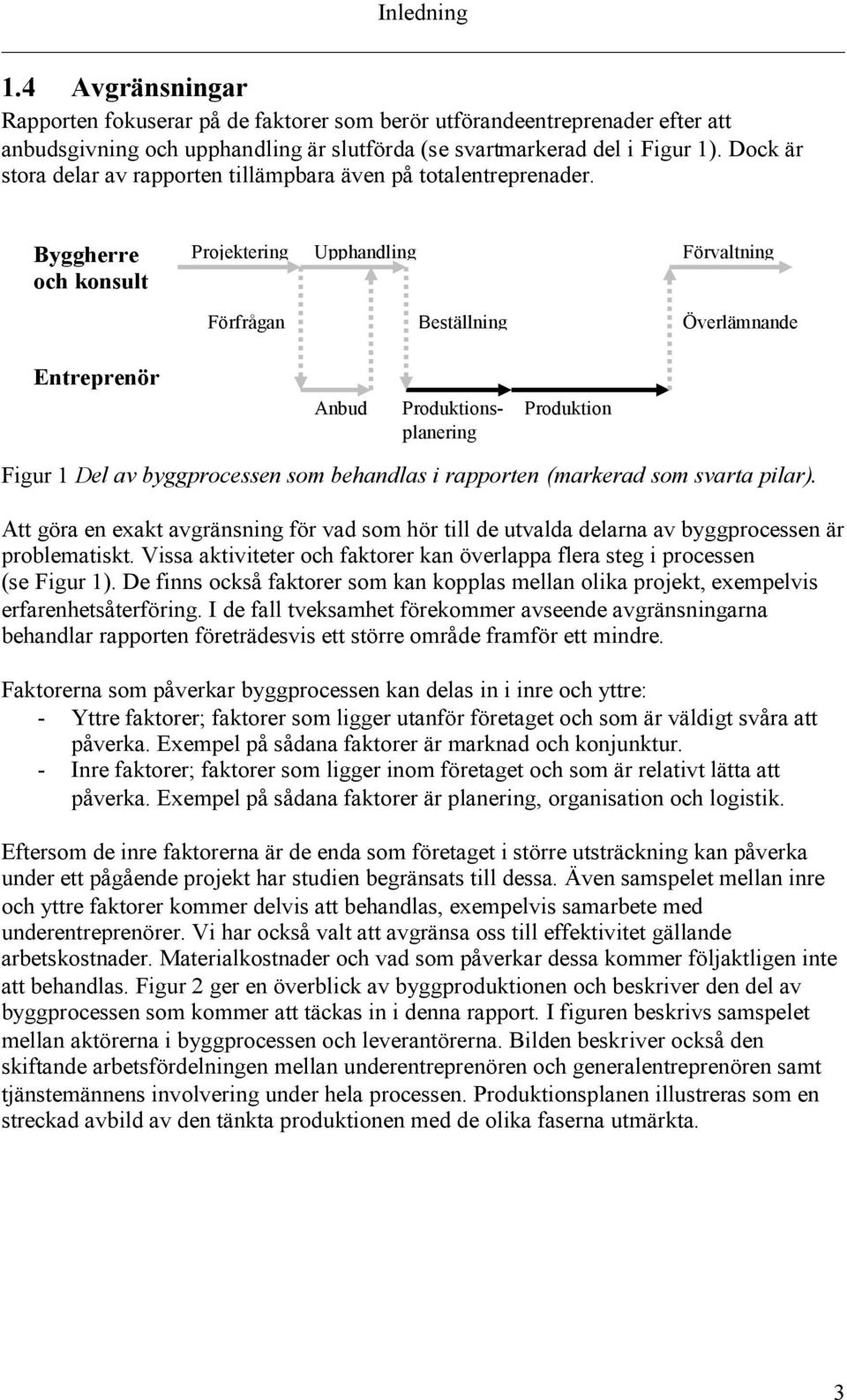 Byggherre och konsult Projektering Upphandling Förvaltning Förfrågan Beställning Överlämnande Entreprenör Anbud Produktionsplanering Produktion Figur 1 Del av byggprocessen som behandlas i rapporten