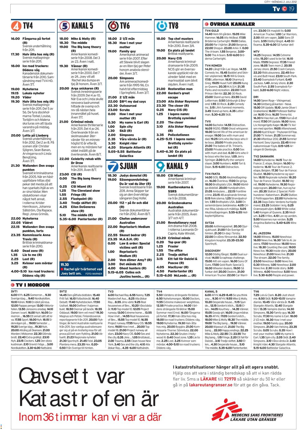 30 Halv åtta hos mig Svensk matlagningsserie från 2011. Del 5 av 56. De fyra stockholmarna Torkel, Louise, Torbjörn och Malena ska turas om att bjuda varandra på middag. Även 3/7. 20.00 Lotta på Liseberg Svensk underhållning från 2012.