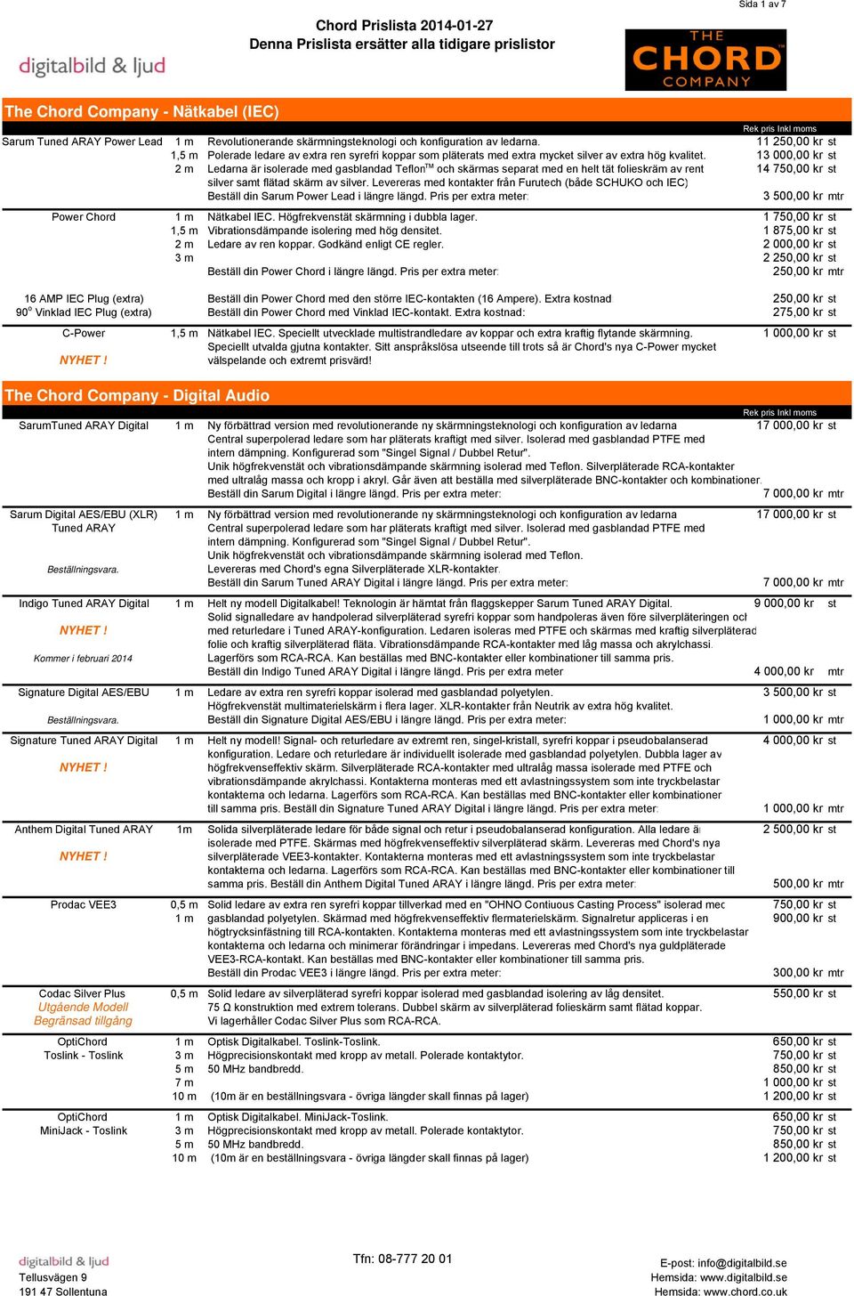 13 000,00 kr st 2 m Ledarna är isolerade med gasblandad Teflon TM och skärmas separat med en helt tät folieskräm av rent 14 750,00 kr st silver samt flätad skärm av silver.