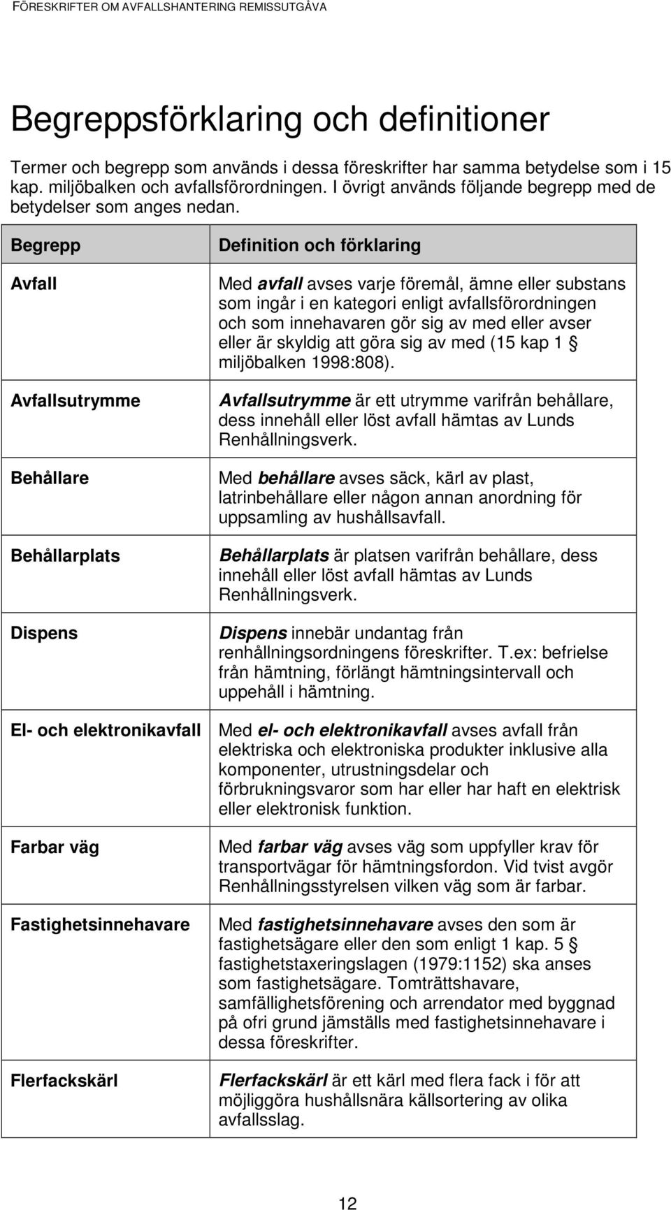 Begrepp Avfall Avfallsutrymme Behållare Behållarplats Dispens Definition och förklaring Med avfall avses varje föremål, ämne eller substans som ingår i en kategori enligt avfallsförordningen och som