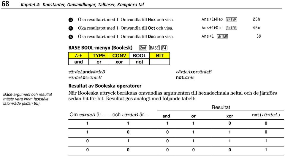 Ans+1 b 39 BASE BOOL-menyn (Boolesk) - ) Õ-Ú TYPE CONV BOOL BIT and or xor not Både argument och resultat måste vara inom fastställt talområde (sidan 65).