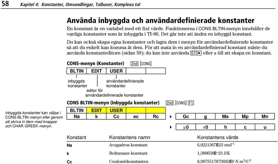 Det går inte att ändra en inbyggd konstant. Du kan också skapa egna konstanter och lagra dem i menyn för användardefinierade konstanter så att du enkelt kan komma åt dem.