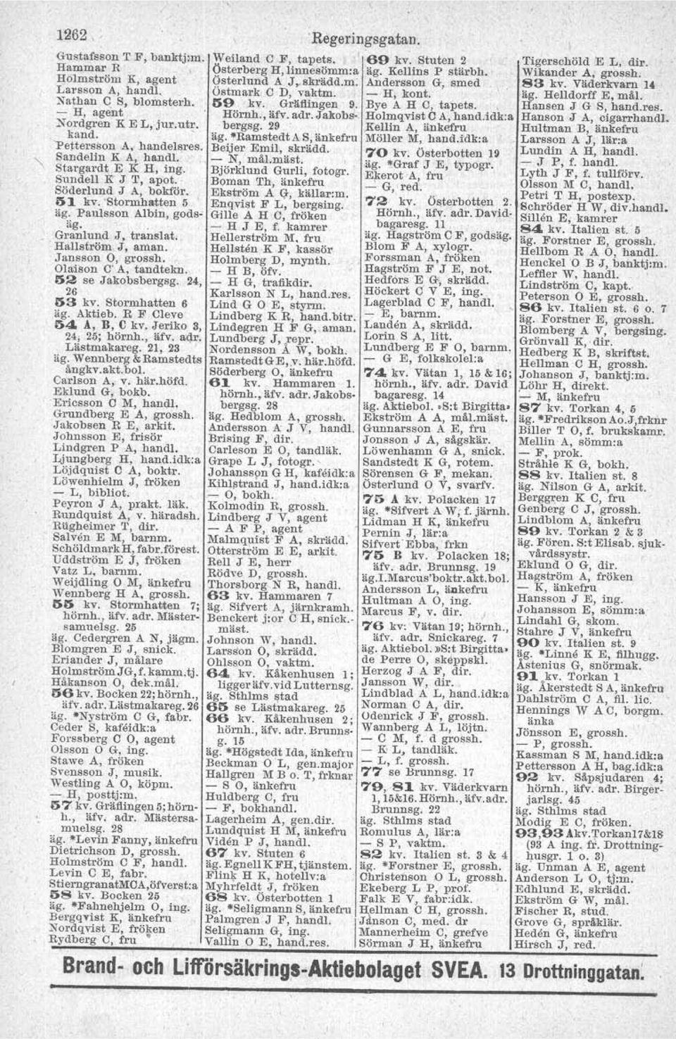 idk:a Nordgren K E L, jur.utr. bergsg. 29 Kellin A, änkefru kand. ' äg. -RamstedtA S, änkefru Möller M, hand.tdk.a 'Pettersson A, handelsres. Beijer Emil,..skrädd. 70 kv.