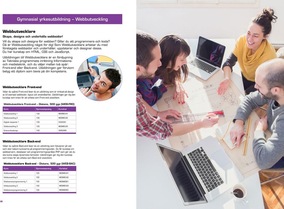 Utbildningen till Webbutvecklare är en fördjupning av Tekniska programmets inriktning Informationsoch medieteknik, och du väljer mellan två spår: Front-end eller Back-end.