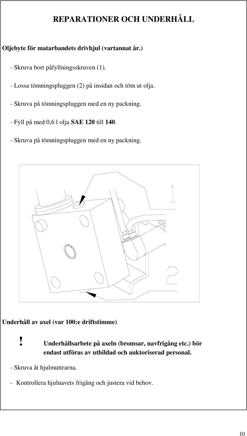 - Fyll på med 0,6 l olja SAE 120 till 140. - Skruva på tömningspluggen med en ny packning. Underhåll av axel (var 100:e driftstimme)!