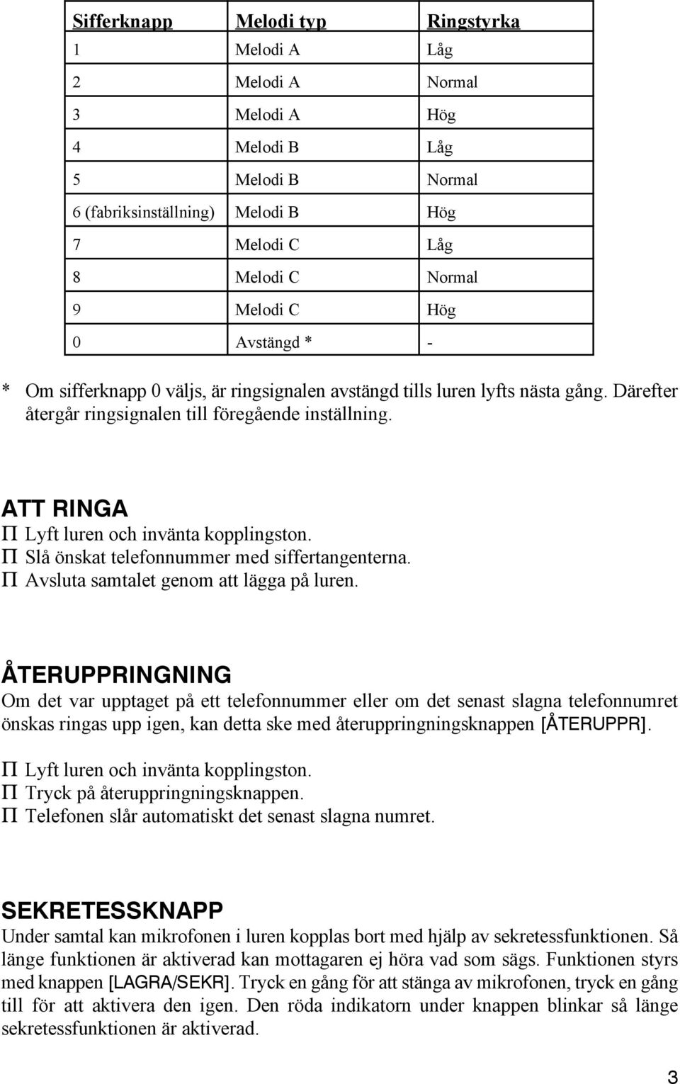 ATT RINGA P Lyft luren och invänta kopplingston. P Slå önskat telefonnummer med siffertangenterna. P Avsluta samtalet genom att lägga på luren.