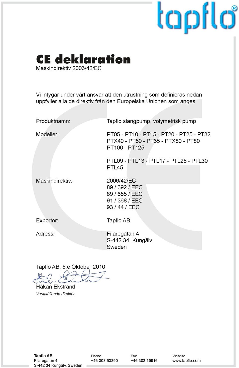 Produktnamn: Modeller: Tapflo slangpump, volymetrisk pump PT05 - PT10 - PT15 - PT20 - PT25 - PT32 PTX40 - PT50 - PT65 - PTX80 - PT80 PT100 - PT125 PTL09 - PTL13 - PTL17 -