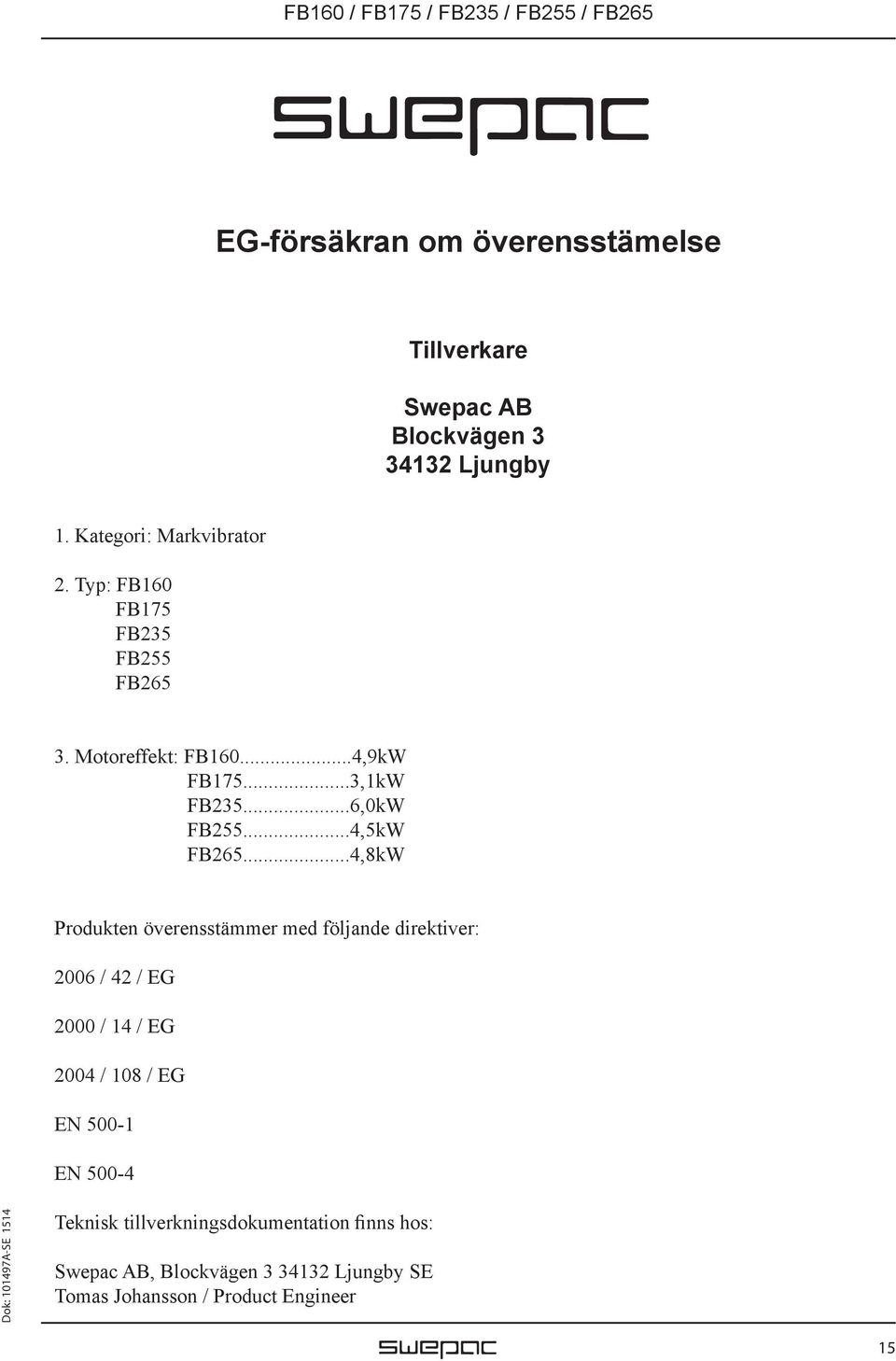 ..4,8kW Produkten överensstämmer med följande direktiver: 2006 / 42 / EG 2000 / 14 / EG 2004 / 108 / EG EN 500-1 EN