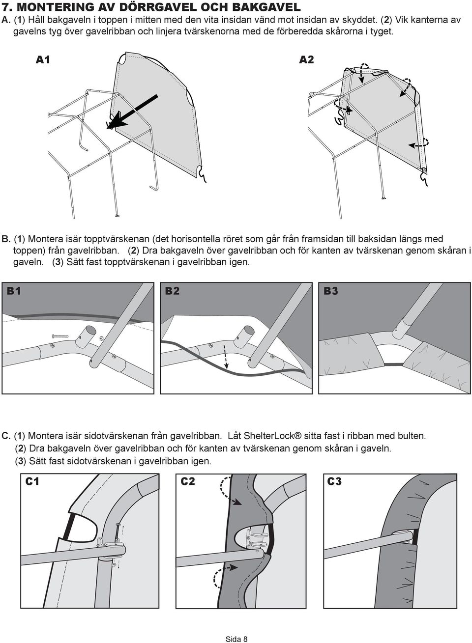 (1) Montera isär topptvärskenan (det horisontella röret som går från framsidan till baksidan längs med toppen) från gavelribban.