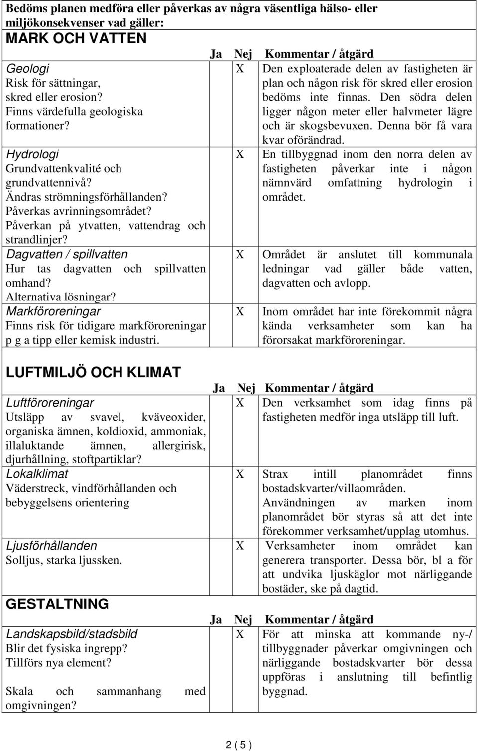 Dagvatten / spillvatten Hur tas dagvatten och spillvatten omhand? Alternativa lösningar? Markföroreningar Finns risk för tidigare markföroreningar p g a tipp eller kemisk industri.