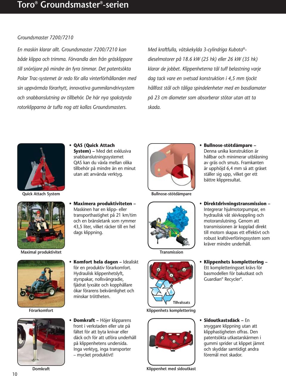 De här nya spakstyrda rotorklipparna är tuffa nog att kallas Groundsmasters. Med kraftfulla, vätskekylda 3-cylindriga Kubota - dieselmotorer på 18.6 kw (25 hk) eller 26 kw (35 hk) klarar de jobbet.