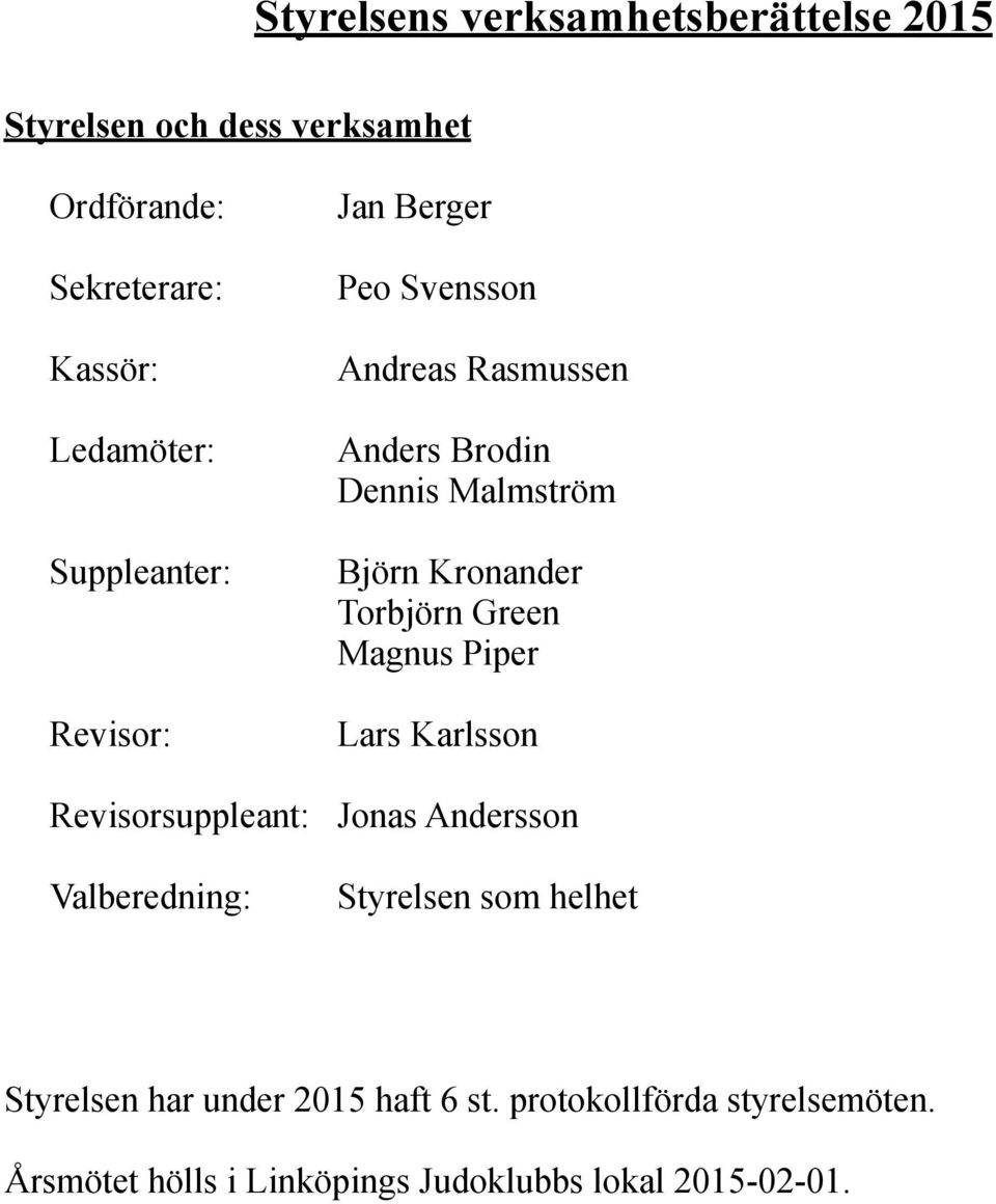 Torbjörn Green Magnus Piper Lars Karlsson Revisorsuppleant: Jonas Andersson Valberedning: Styrelsen som helhet