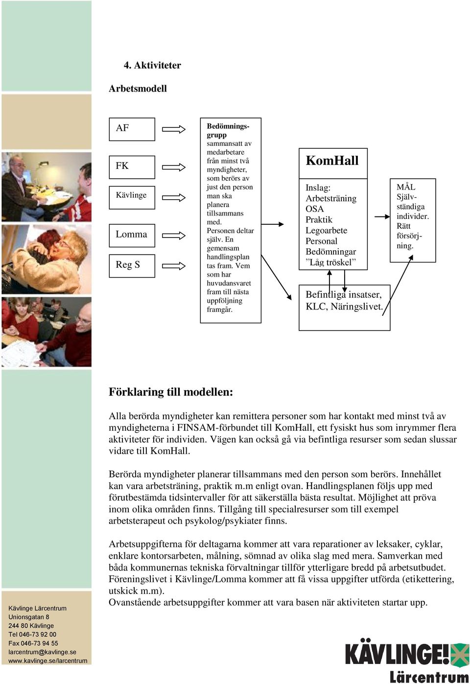 KomHall Inslag: Arbetsträning OSA Praktik Legoarbete Personal Bedömningar Låg tröskel Befintliga insatser, KLC, Näringslivet. MÅL Självständiga individer. Rätt försörjning.