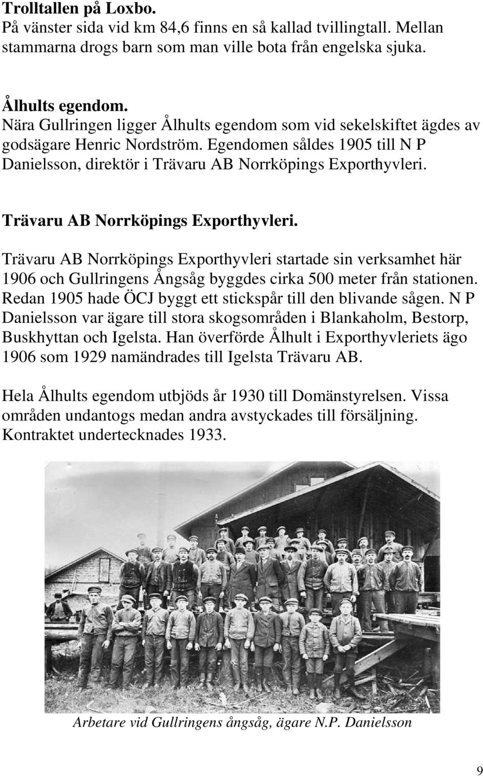 Trävaru AB Norrköpings Exporthyvleri. Trävaru AB Norrköpings Exporthyvleri startade sin verksamhet här 1906 och Gullringens Ångsåg byggdes cirka 500 meter från stationen.