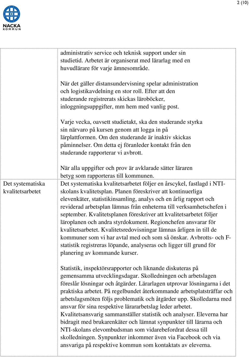 Varje vecka, oavsett studietakt, ska den studerande styrka sin närvaro på kursen genom att logga in på lärplattformen. Om den studerande är inaktiv skickas påminnelser.