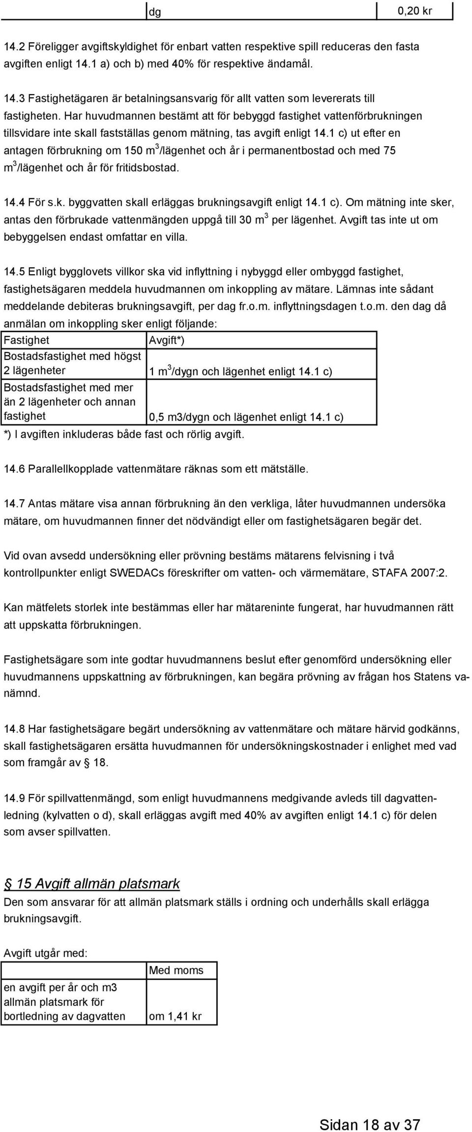 1 c) ut efter en antagen förbrukning om 150 m 3 /lägenhet och år i permanentbostad och med 75 m 3 /lägenhet och år för fritidsbostad. 14.4 För s.k. byggvatten skall erläggas brukningsavgift enligt 14.