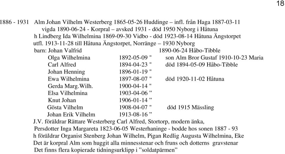 1913-11-28 till Håtuna Ängstorpet, Norränge 1930 Nyborg barn: Johan Valfrid 1890-06-24 Håbo-Tibble Olga Wilhelmina 1892-05-09 " son Alm Bror Gustaf 1910-10-23 Maria Carl Alfred 1894-04-23 " död