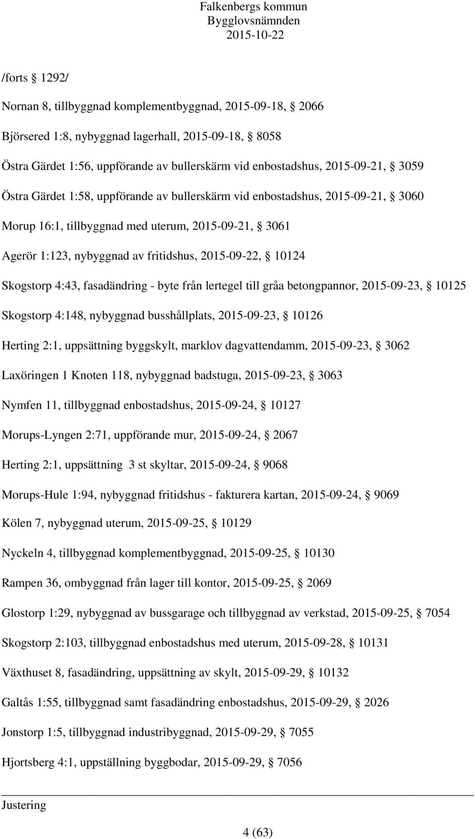 Skogstorp 4:43, fasadändring - byte från lertegel till gråa betongpannor, 2015-09-23, 10125 Skogstorp 4:148, nybyggnad busshållplats, 2015-09-23, 10126 Herting 2:1, uppsättning byggskylt, marklov