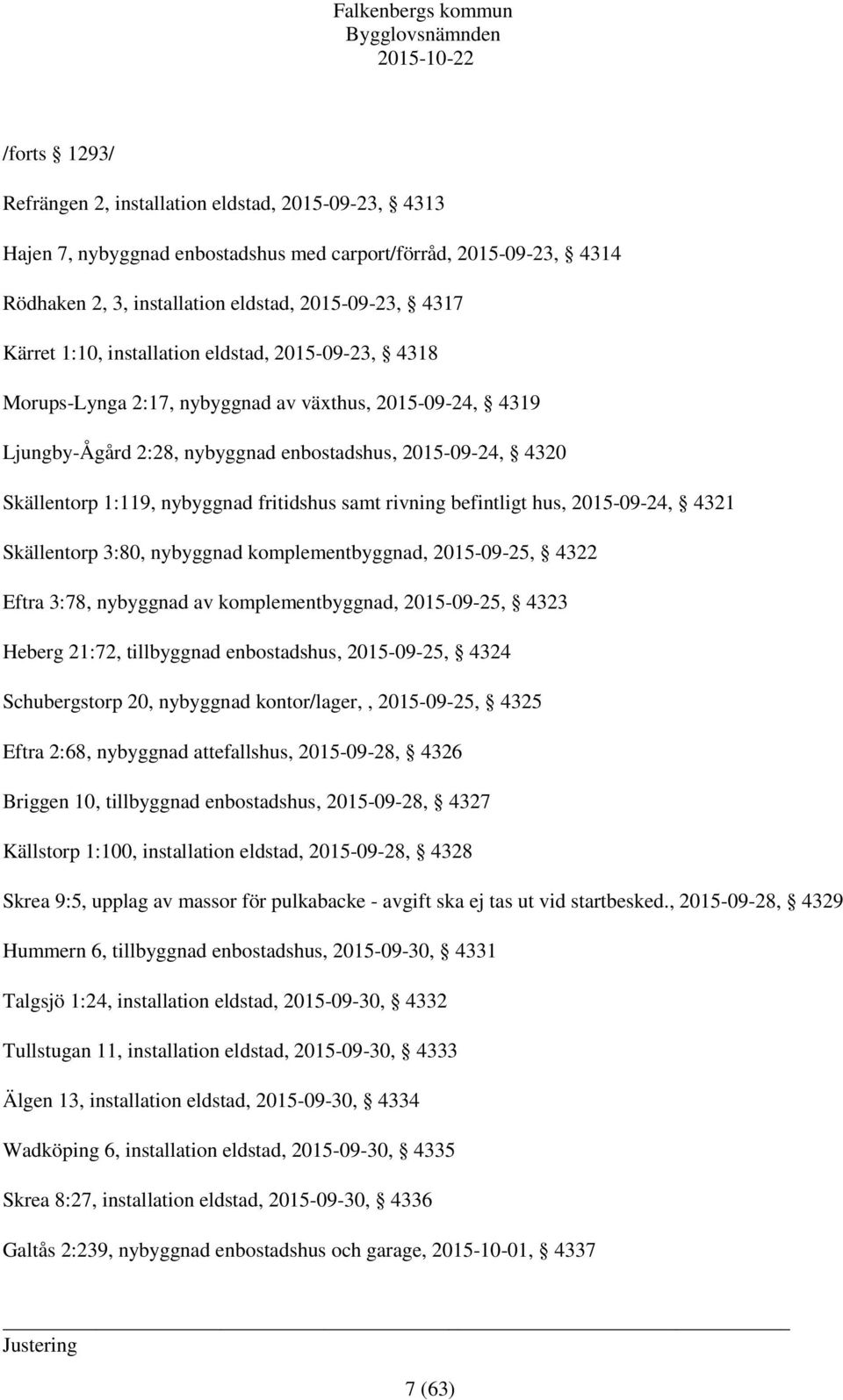 fritidshus samt rivning befintligt hus, 2015-09-24, 4321 Skällentorp 3:80, nybyggnad komplementbyggnad, 2015-09-25, 4322 Eftra 3:78, nybyggnad av komplementbyggnad, 2015-09-25, 4323 Heberg 21:72,