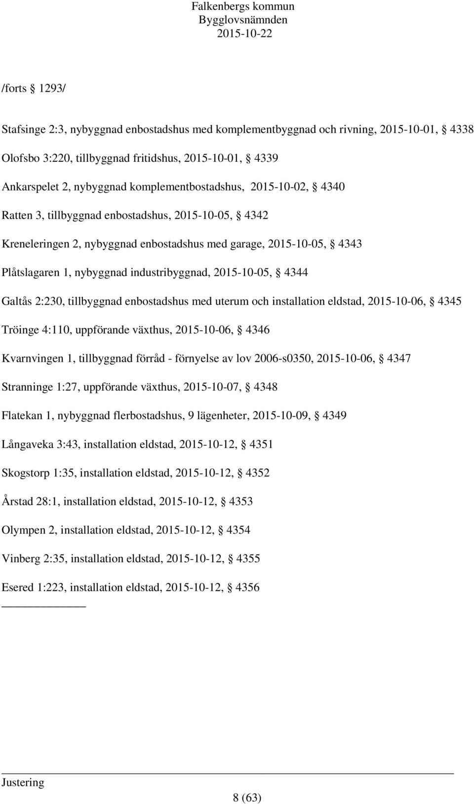 industribyggnad, 2015-10-05, 4344 Galtås 2:230, tillbyggnad enbostadshus med uterum och installation eldstad, 2015-10-06, 4345 Tröinge 4:110, uppförande växthus, 2015-10-06, 4346 Kvarnvingen 1,