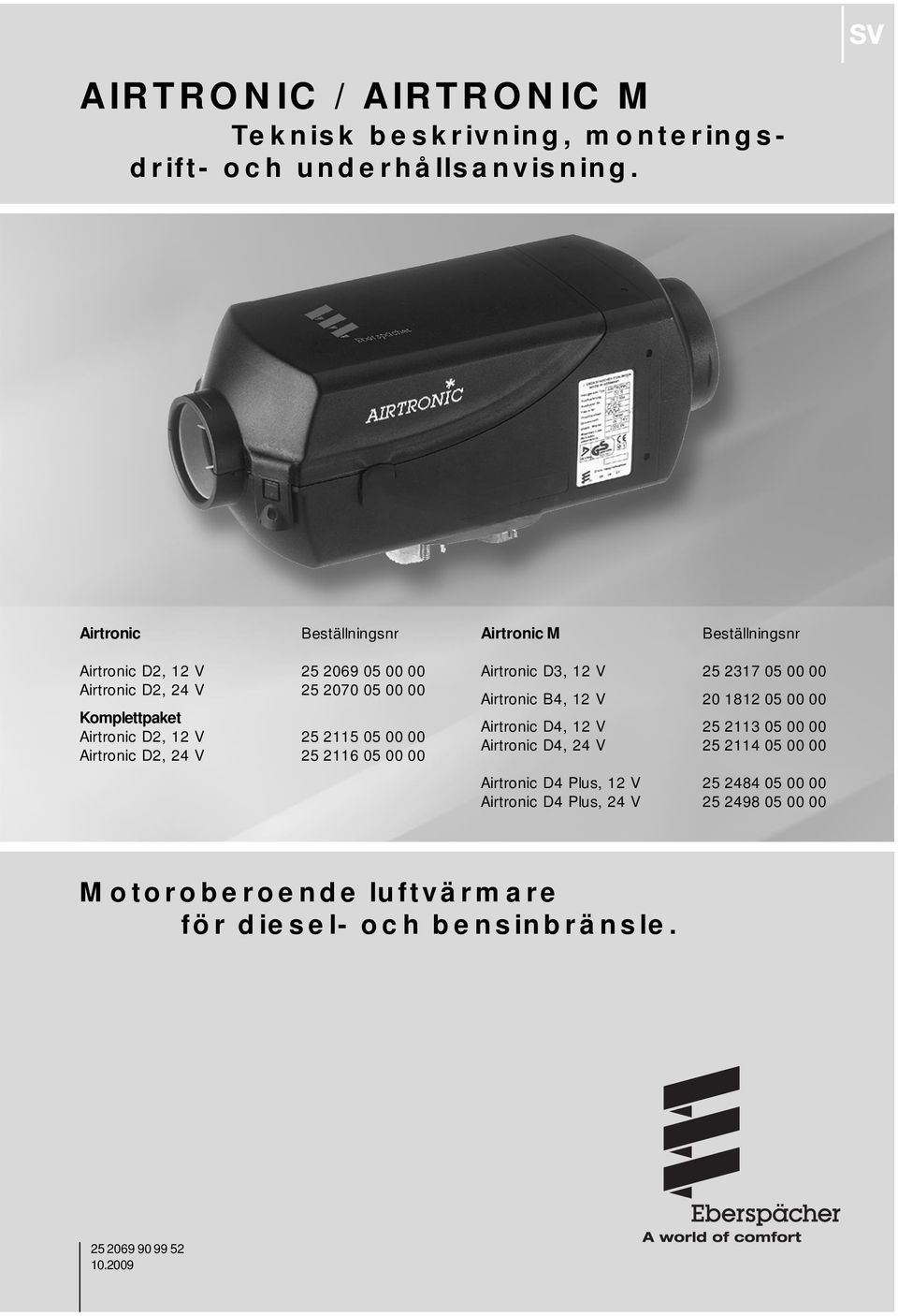 12 V 25 2115 05 00 00 Airtronic D2, 24 V 25 2116 05 00 00 Airtronic D3, 12 V 25 2317 05 00 00 Airtronic B4, 12 V 20 1812 05 00 00 Airtronic D4, 12 V 25