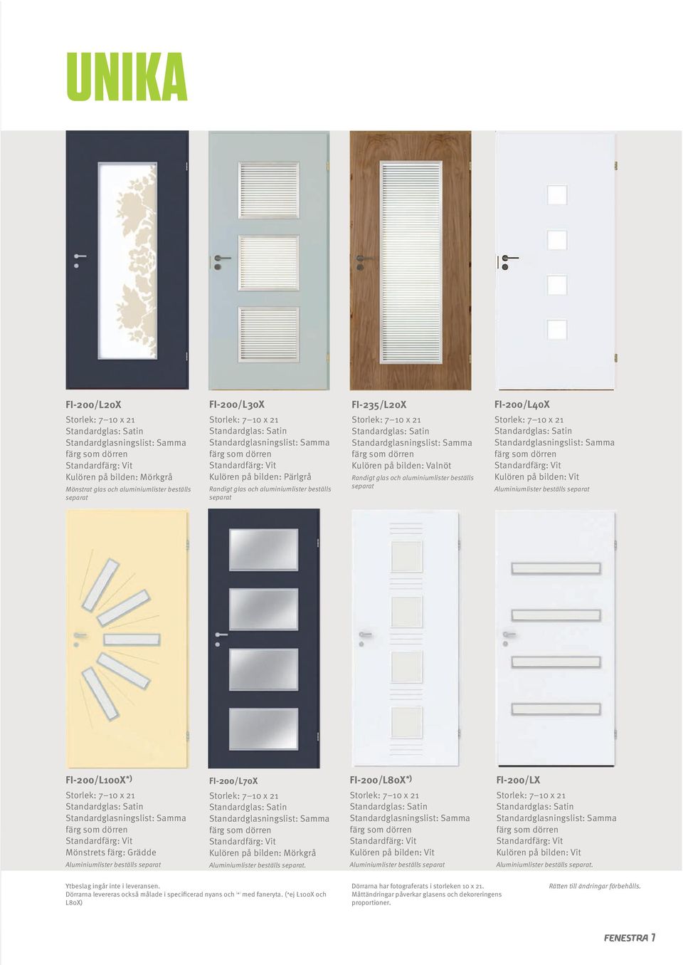 Kulören på bilden: Valnöt Randigt glas och aluminiumlister beställs separat FI-200/L40X Standardglas: Satin Standardglasningslist: Samma färg som dörren Kulören på bilden: Vit Aluminiumlister