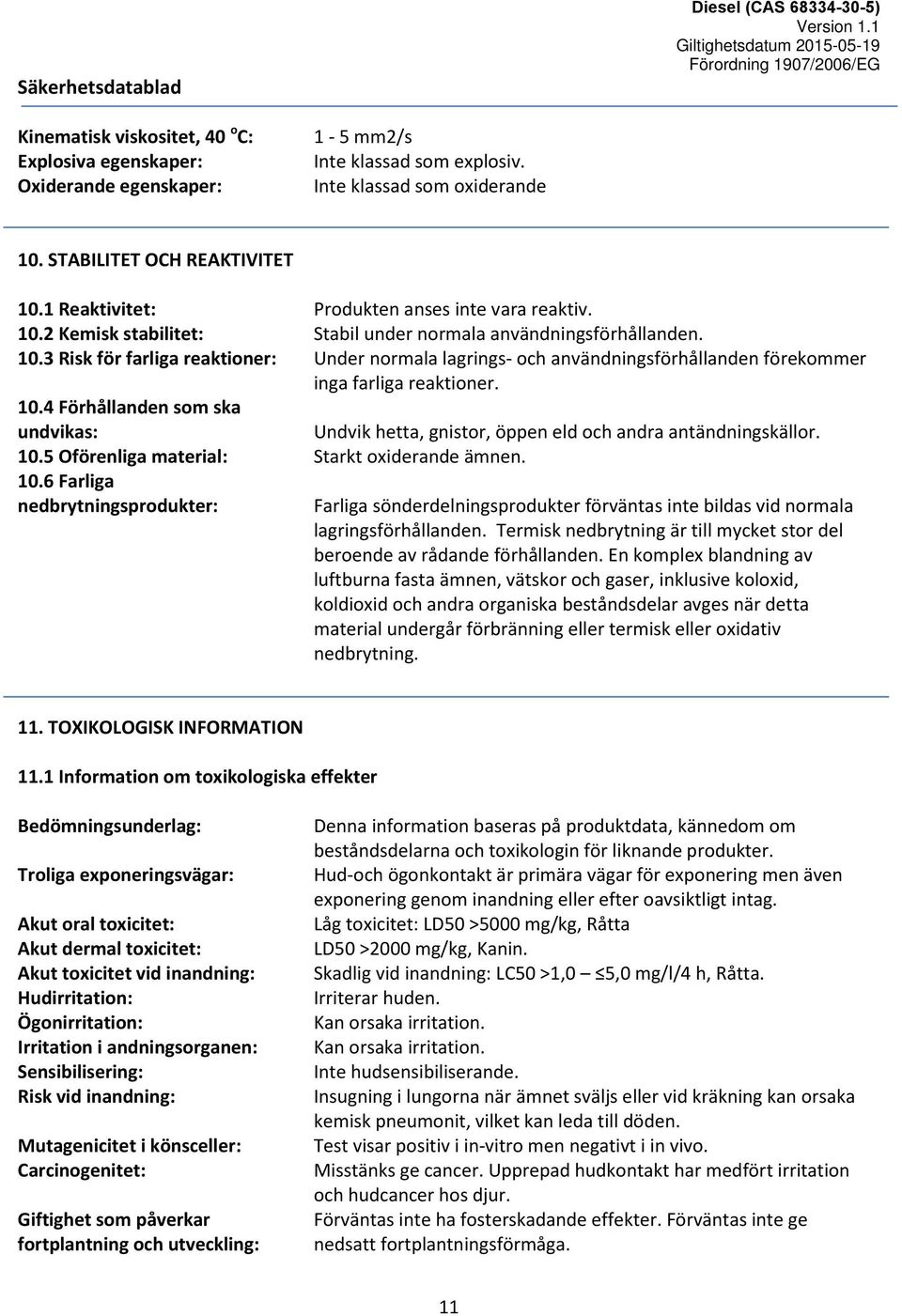 10.4 Förhållanden som ska undvikas: Undvik hetta, gnistor, öppen eld och andra antändningskällor. 10.