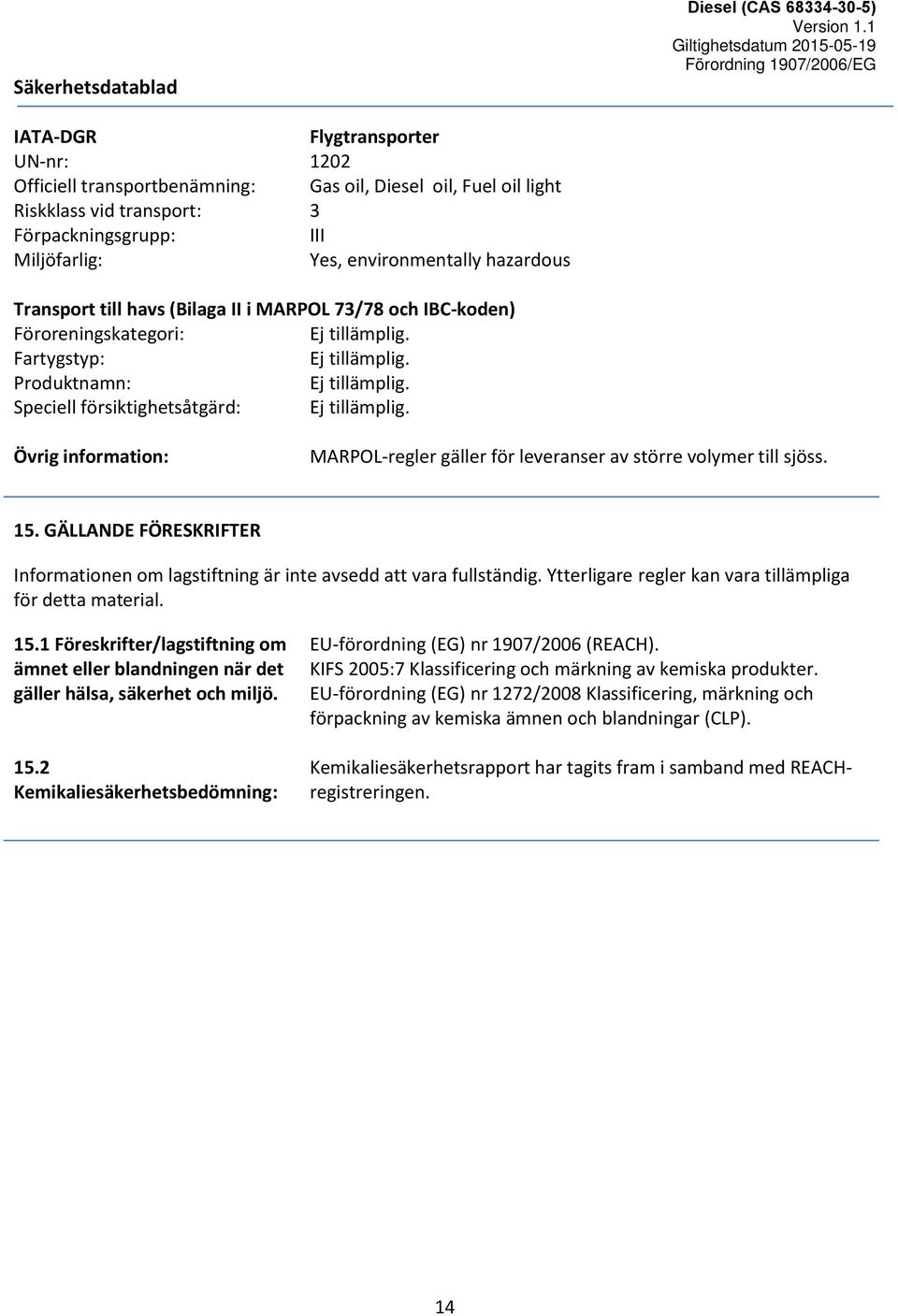 Övrig information: MARPOL-regler gäller för leveranser av större volymer till sjöss. 15. GÄLLANDE FÖRESKRIFTER Informationen om lagstiftning är inte avsedd att vara fullständig.