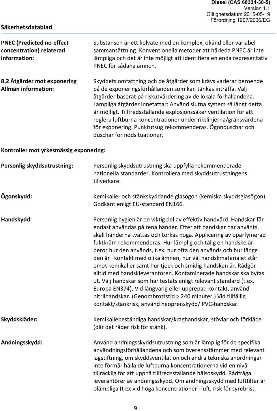 Skyddets omfattning och de åtgärder som krävs varierar beroende på de exponeringsförhållanden som kan tänkas inträffa. Välj åtgärder baserat på riskutvärdering av de lokala förhållandena.