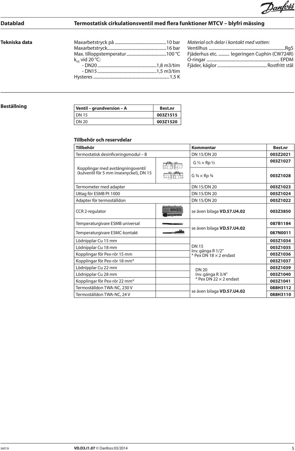 .. Rostfritt stål Beställning Ventil grundversion A DN 15 DN 0 Best.nr 003Z1515 003Z150 Tillbehör och reservdelar Tillbehör Kommentar Best.