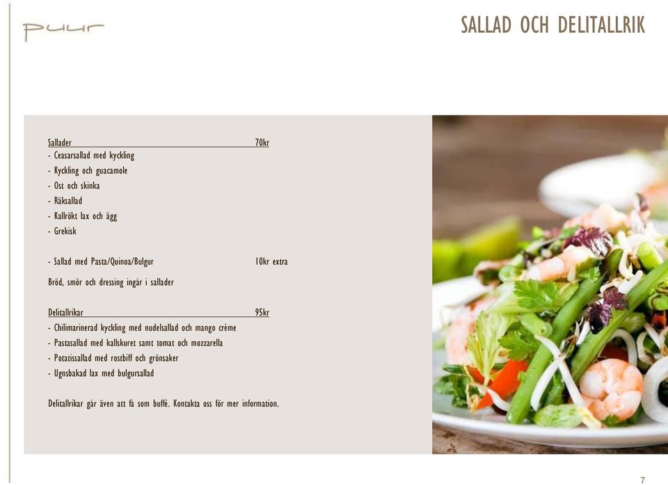 Chilimarinerad kyckling med nudelsallad och mango crème - Pastasallad med kallskuret samt tomat och mozzarella - Potatissallad med