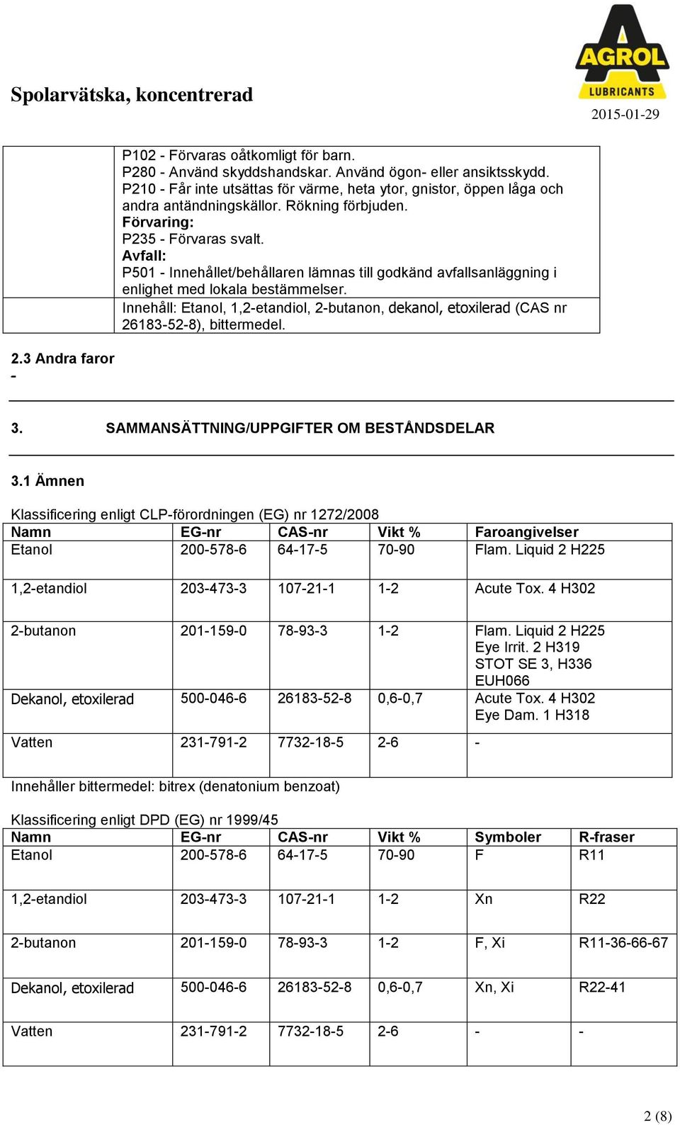 Innehåll: Etanol, 1,2-etandiol, 2-butanon, dekanol, etoxilerad (CAS nr 26183-52-8), bittermedel. 2.3 Andra faror - 3. SAMMANSÄTTNING/UPPGIFTER OM BESTÅNDSDELAR 3.