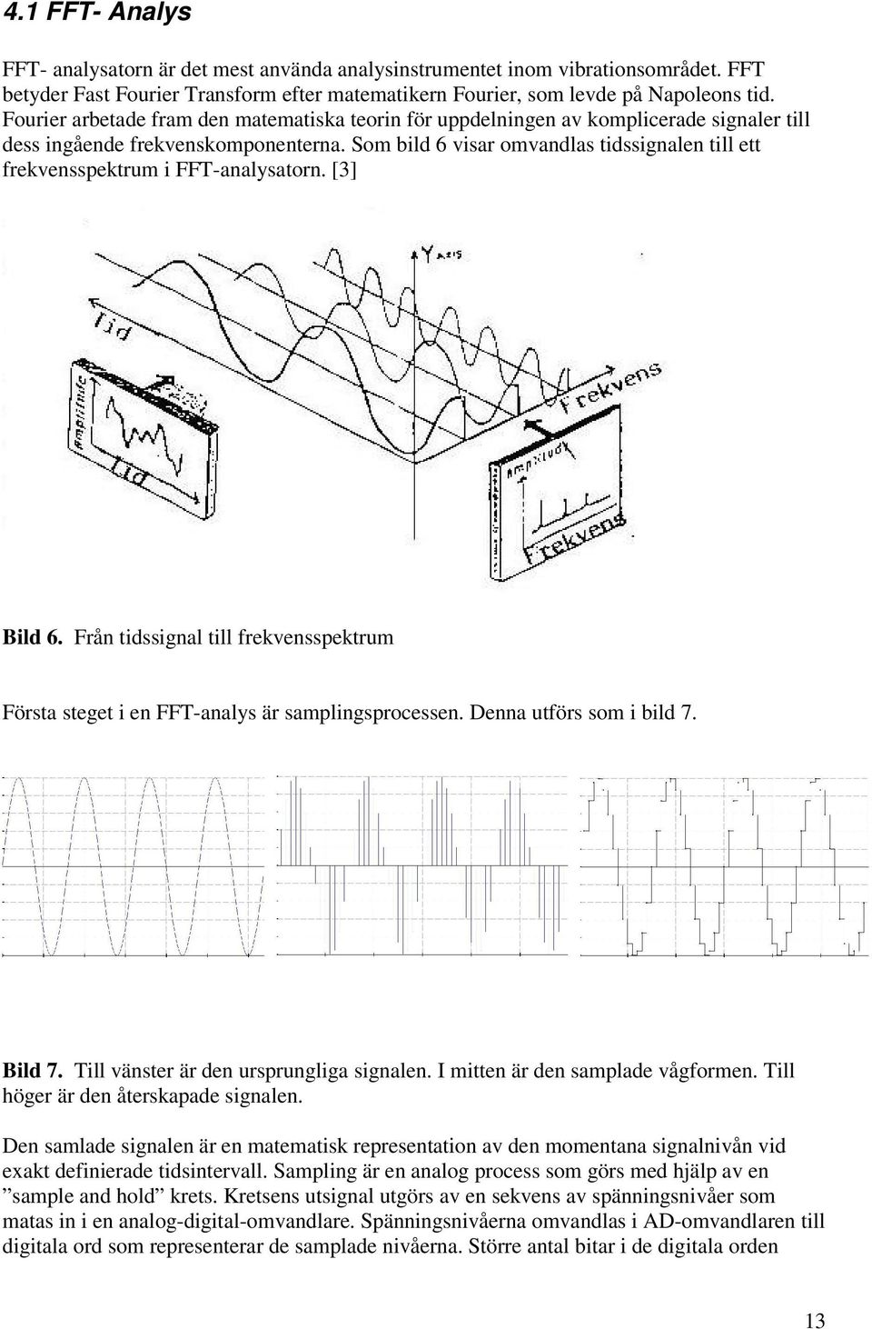 Som bild 6 visar omvandlas tidssignalen till ett frekvensspektrum i FFT-analysatorn. [3] Bild 6. Från tidssignal till frekvensspektrum Första steget i en FFT-analys är samplingsprocessen.