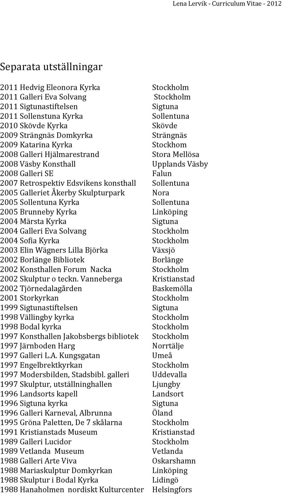 2005 Galleriet Åkerby Skulpturpark Nora 2005 Sollentuna Kyrka Sollentuna 2005 Brunneby Kyrka Linköping 2004 Märsta Kyrka Sigtuna 2004 Galleri Eva Solvang Stockholm 2004 Sofia Kyrka Stockholm 2003