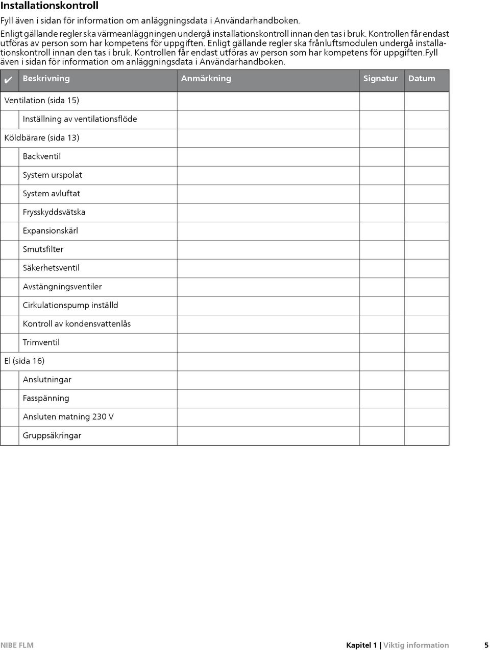Kontrollen får endast utföras av person som har kompetens för uppgiften.fyll även i sidan för information om anläggningsdata i Användarhandboken.