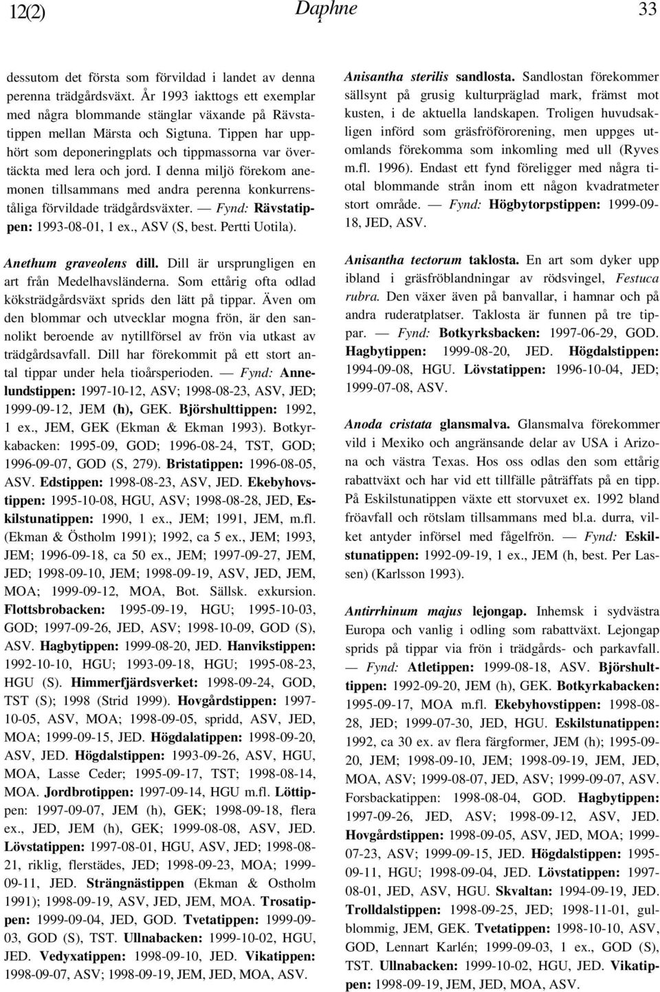 Fynd: Rävstatippen: 1993-08-01, 1 ex., ASV (S, best. Pertti Uotila). Anethum graveolens dill. Dill är ursprungligen en art från Medelhavsländerna.
